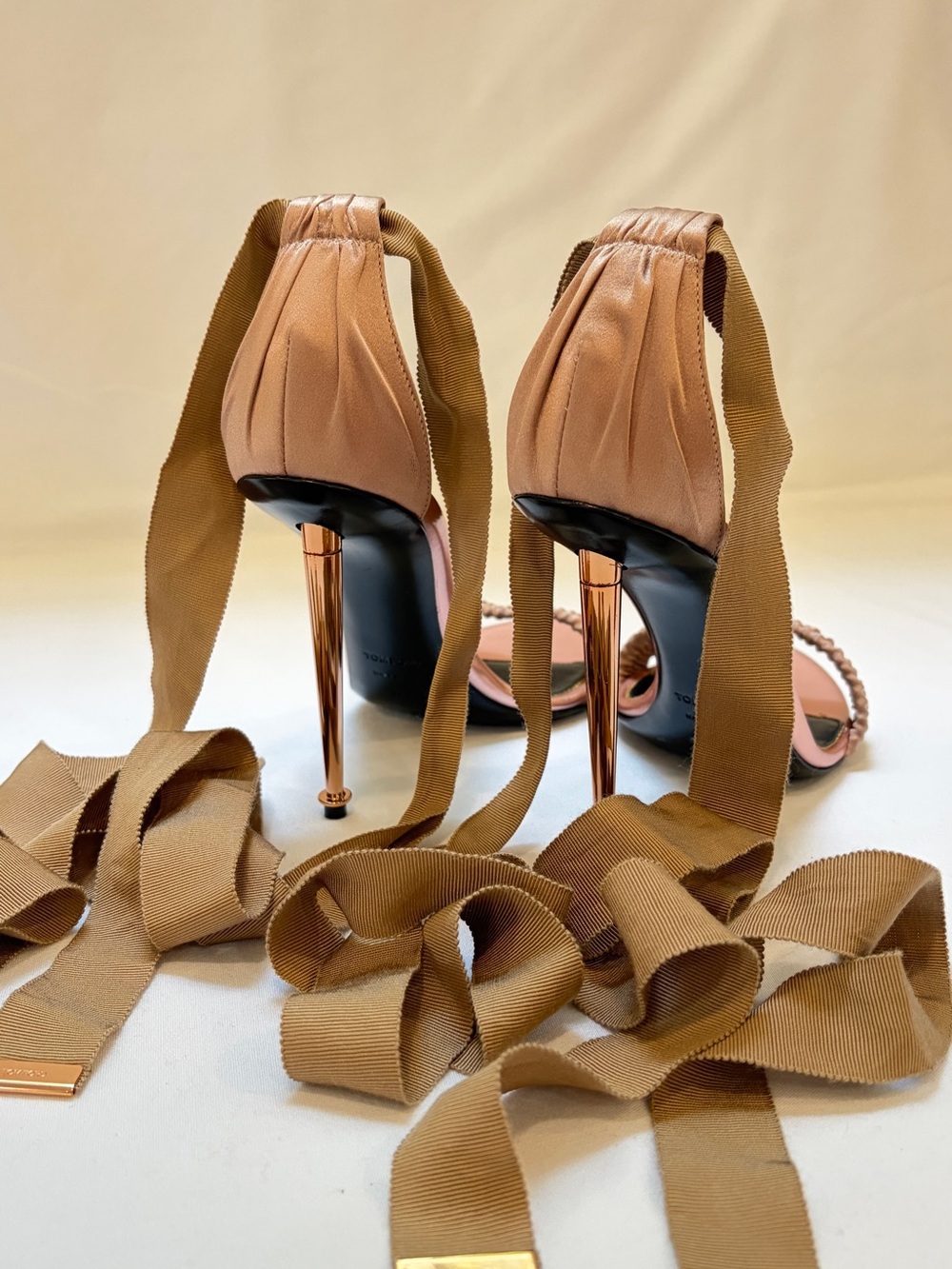 Tom Ford Ruched Ribbon-Wrap Stiletto Sandal Heels Flesh Size 9.5